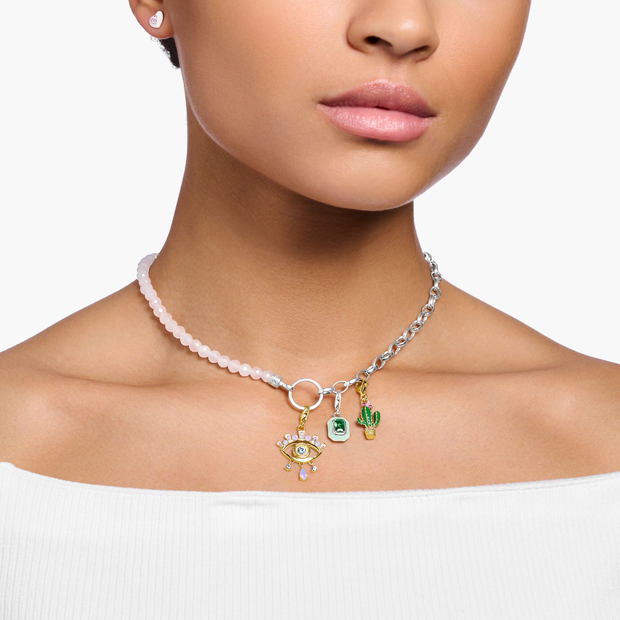 Charm-Kette mit Rosenquarz-Beads und Kettengliedern Silber - PERDONA