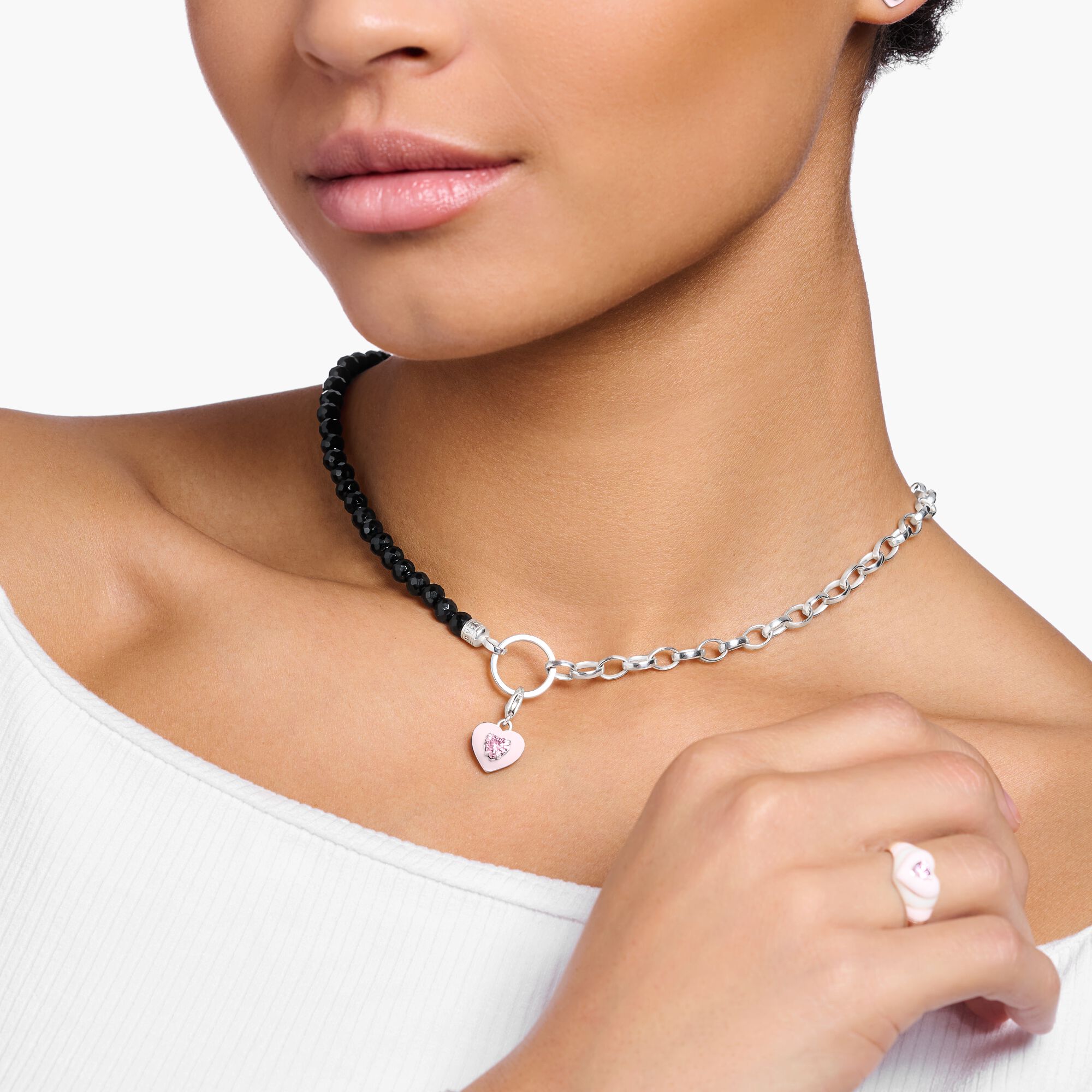 Charm-Kette mit schwarzen Onyx-Beads und Kettengliedern Silber - PERDONA